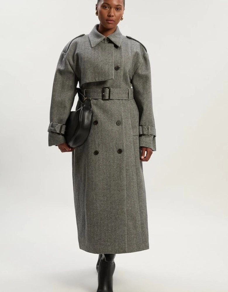 Plus Size Herringbone Wool Belted Trench Tailored Maxi Coat
