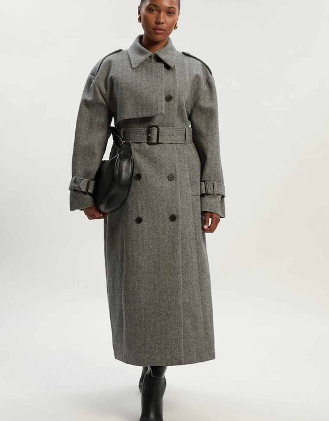 Plus Size Herringbone Wool Belted Trench Tailored Maxi Coat