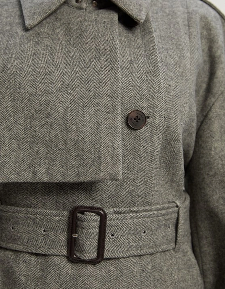 Plus Size Herringbone Wool Belted Trench Tailored Maxi Coat