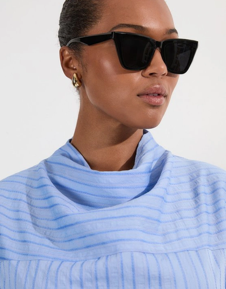 Plus Size Cotton Stripe High Neck Woven Top