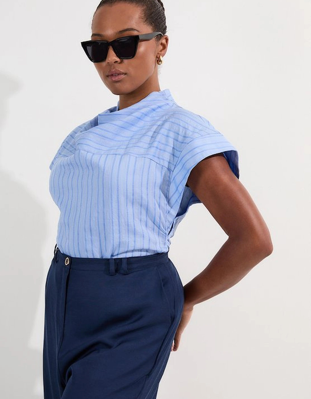 Plus Size Cotton Stripe High Neck Woven Top