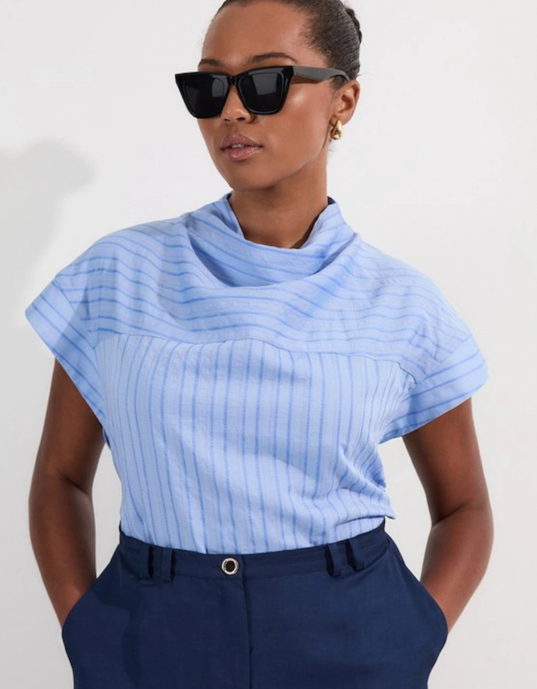 Plus Size Cotton Stripe High Neck Woven Top