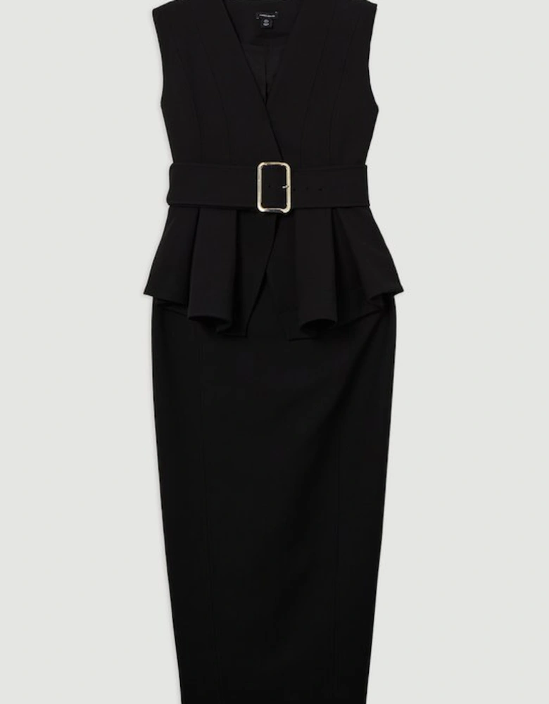 Compact Stretch Belted  Peplum Tailored Maxi Dress