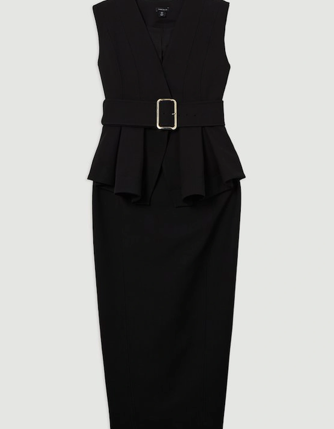 Compact Stretch Belted  Peplum Tailored Maxi Dress