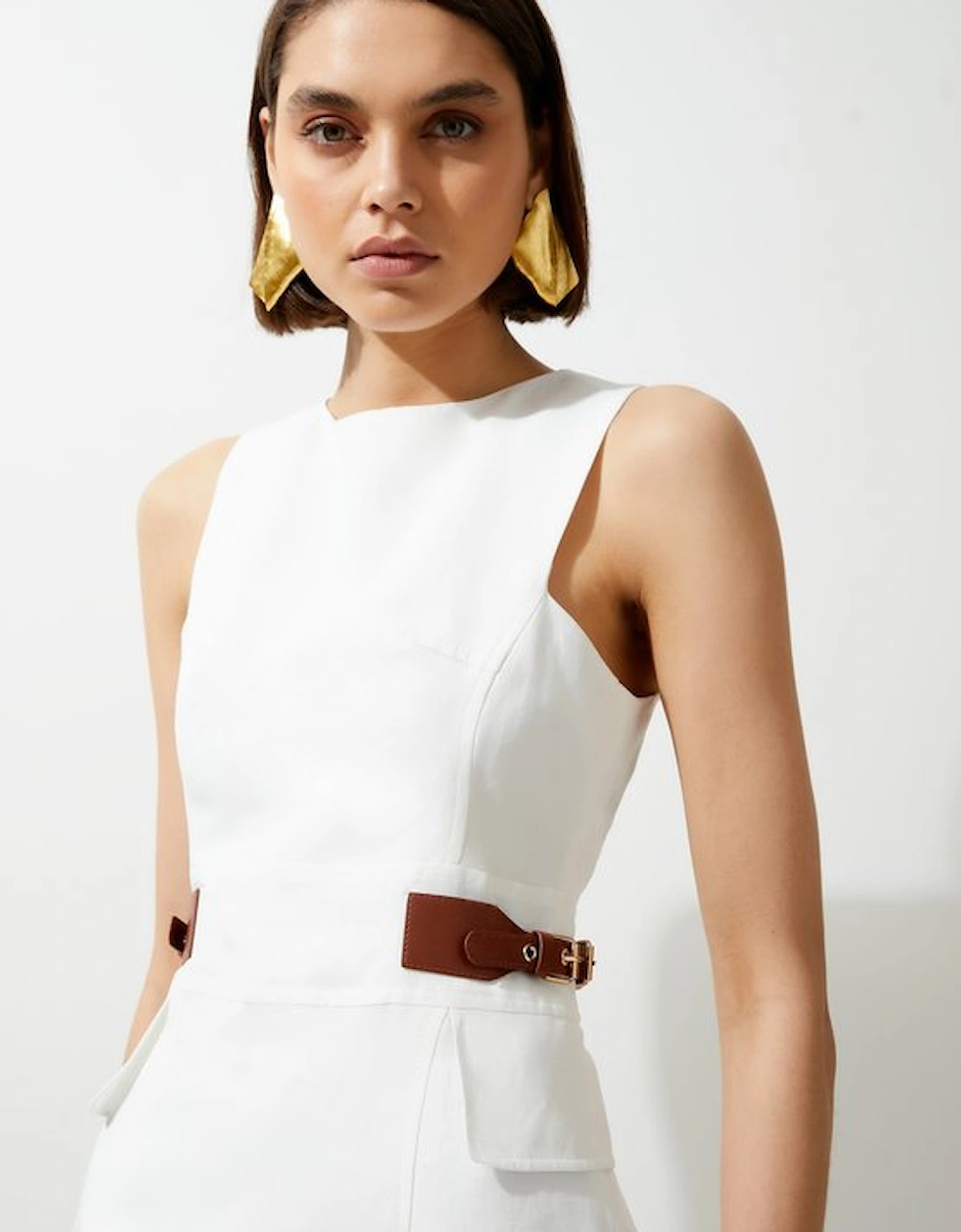 Premium Tailored Linen Tab Waist Pencil Midi Dress