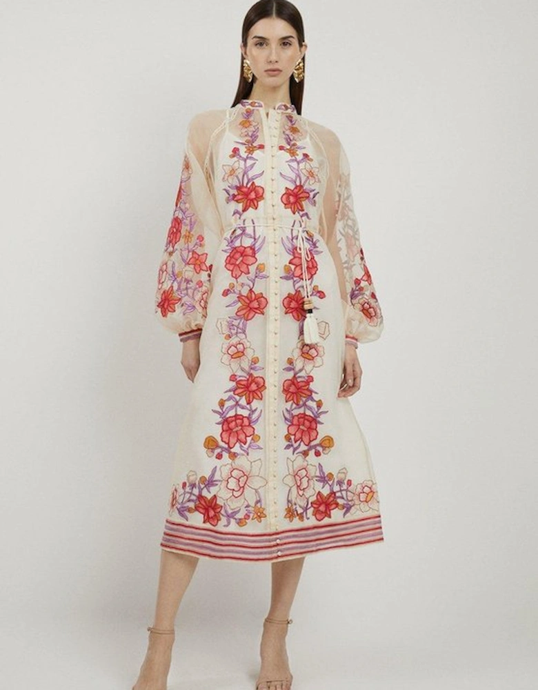 Floral Placed Embroidery Organdie Woven Midi Dress