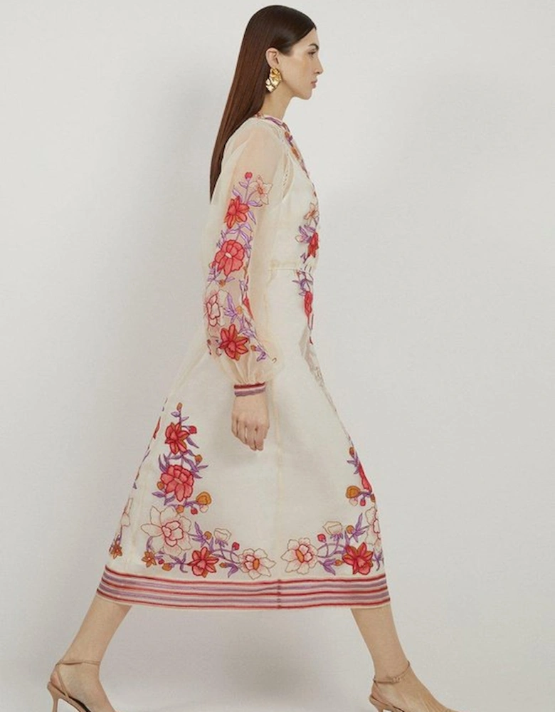 Floral Placed Embroidery Organdie Woven Midi Dress
