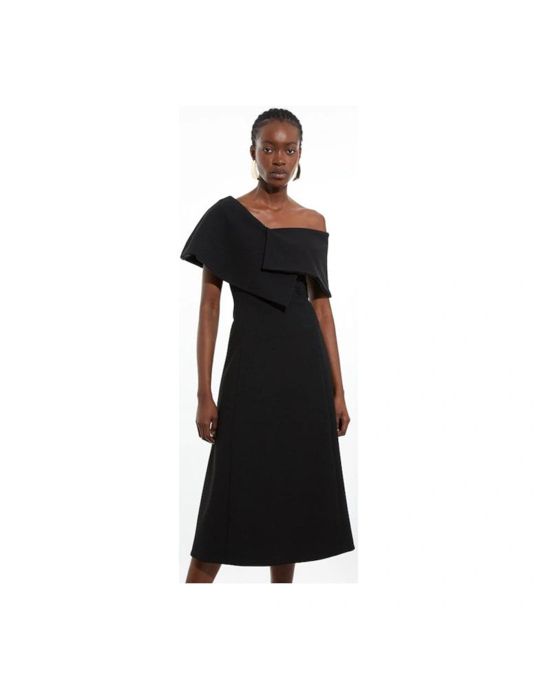 Compact Stretch Asymmetric Collar Tailored Full Skirt Maxi Dress