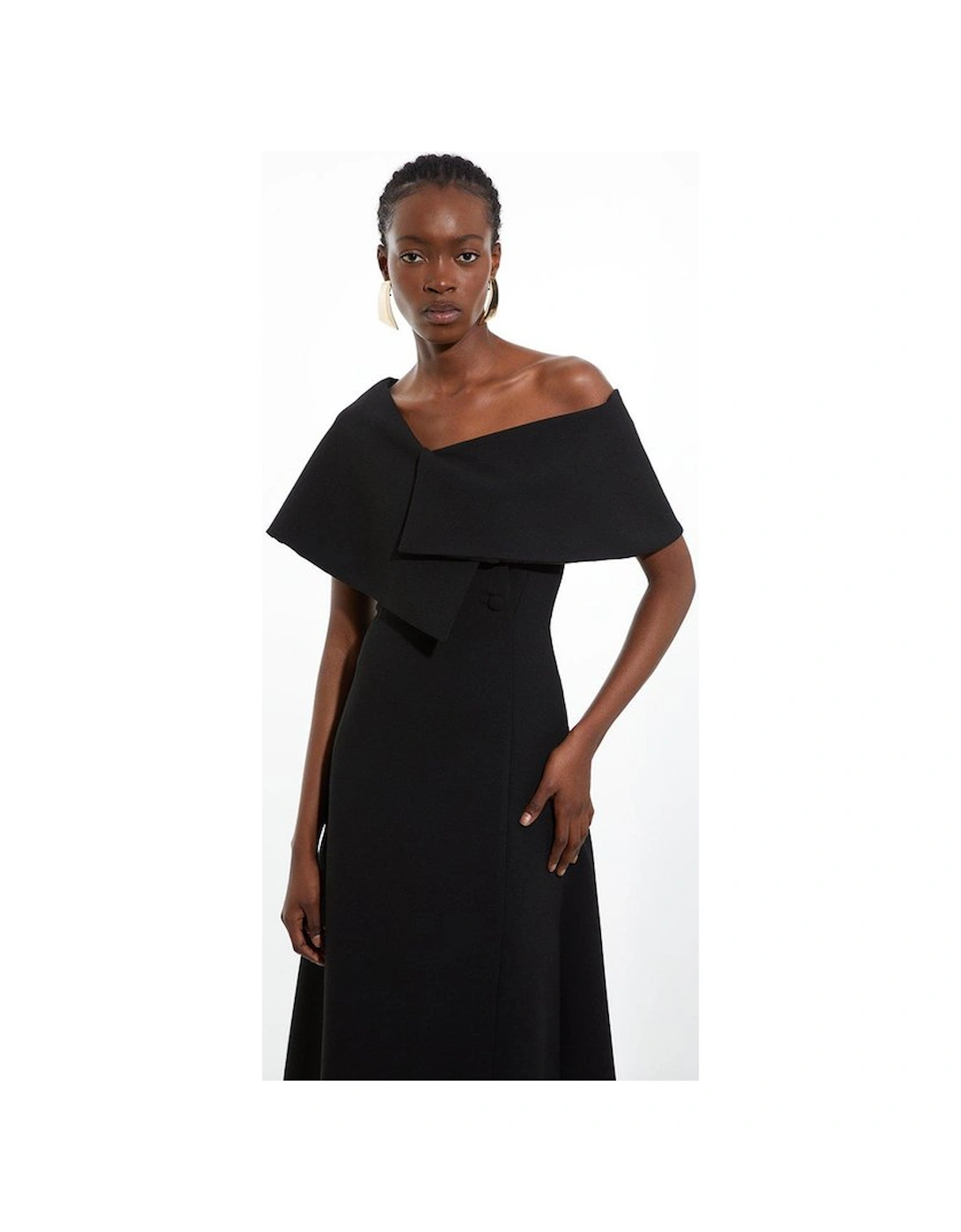 Compact Stretch Asymmetric Collar Tailored Full Skirt Maxi Dress