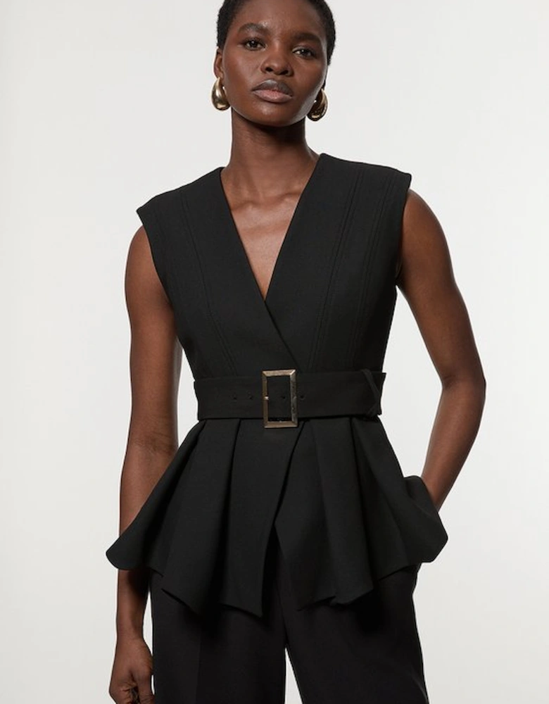 Compact Stretch Belted Peplum Sleeveless Tailored Jacket