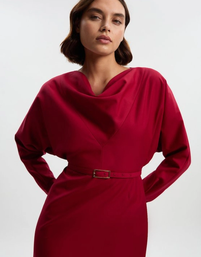 Polished Cowl Neck Tailored Pencil Midi Dress