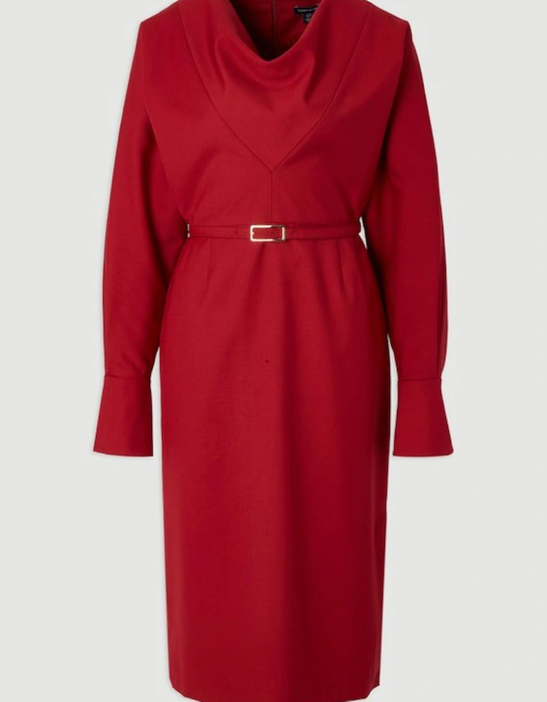 Polished Cowl Neck Tailored Pencil Midi Dress