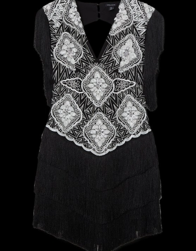 Embellished Fringe Strappy Woven Mini Dress