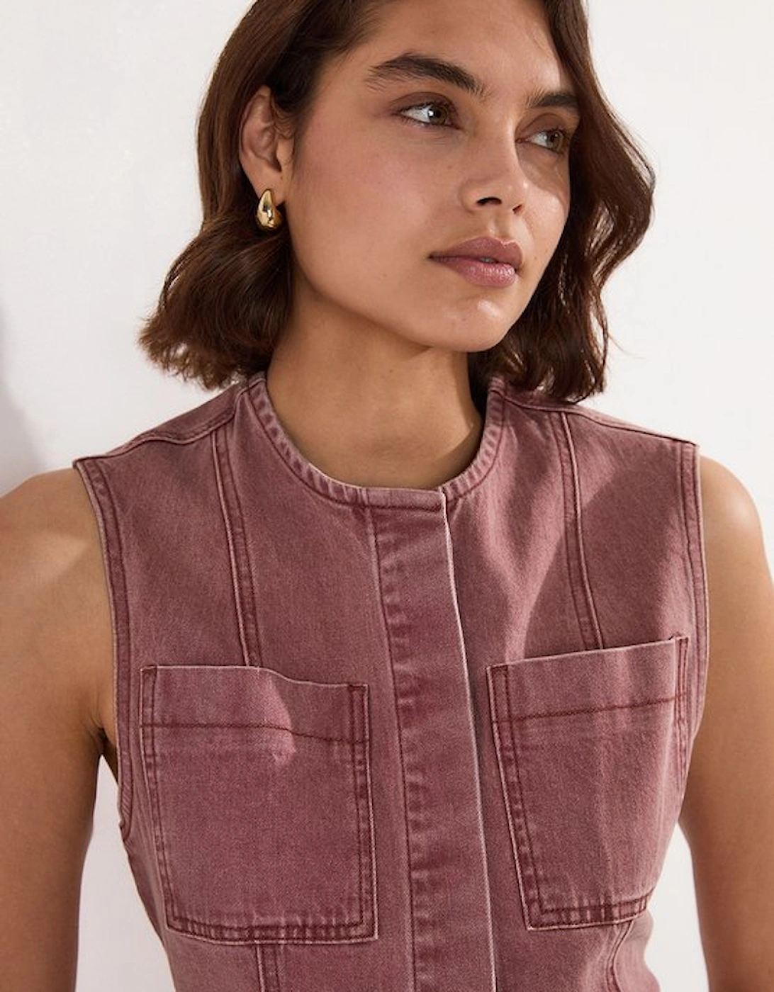 Coloured Denim Belted Sleeveless Jacket