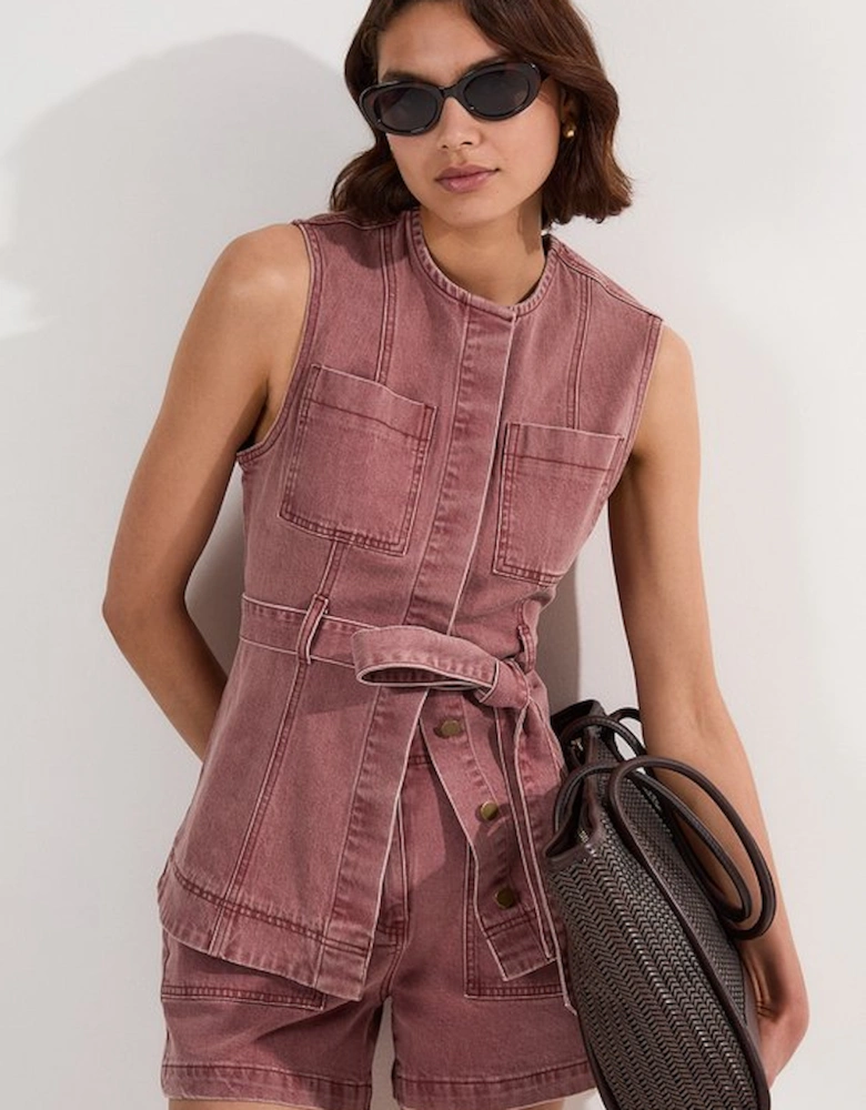 Coloured Denim Belted Sleeveless Jacket