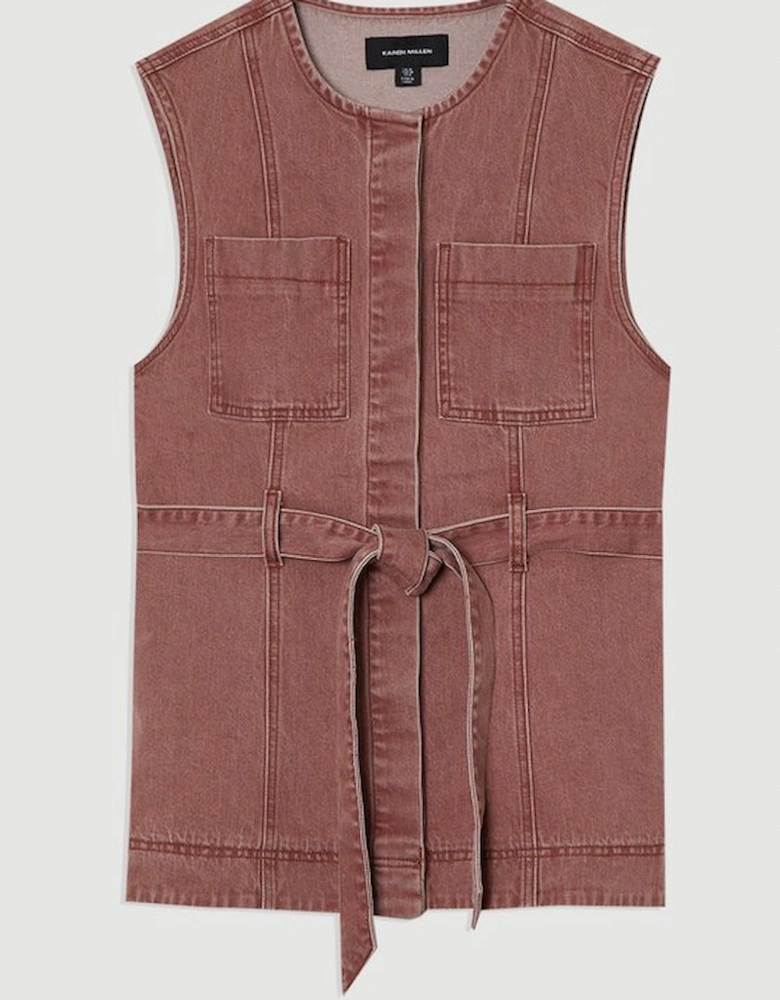 Coloured Denim Belted Sleeveless Jacket