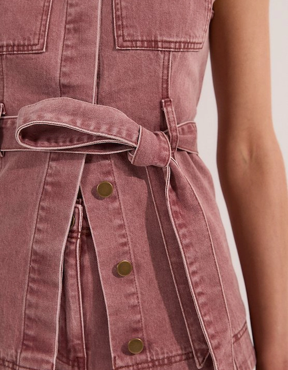 Coloured Denim Belted Sleeveless Jacket