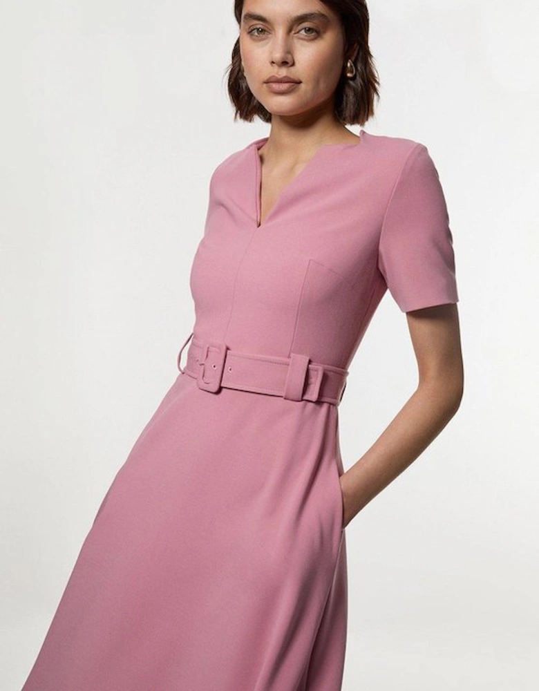 Compact Stretch Belted Full Skirted Midi Dress
