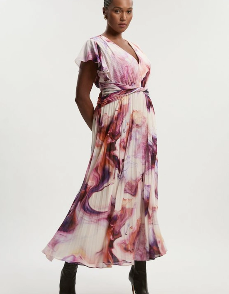 Plus Size Marble Soft Pleated V Neck Woven Maxi Dress