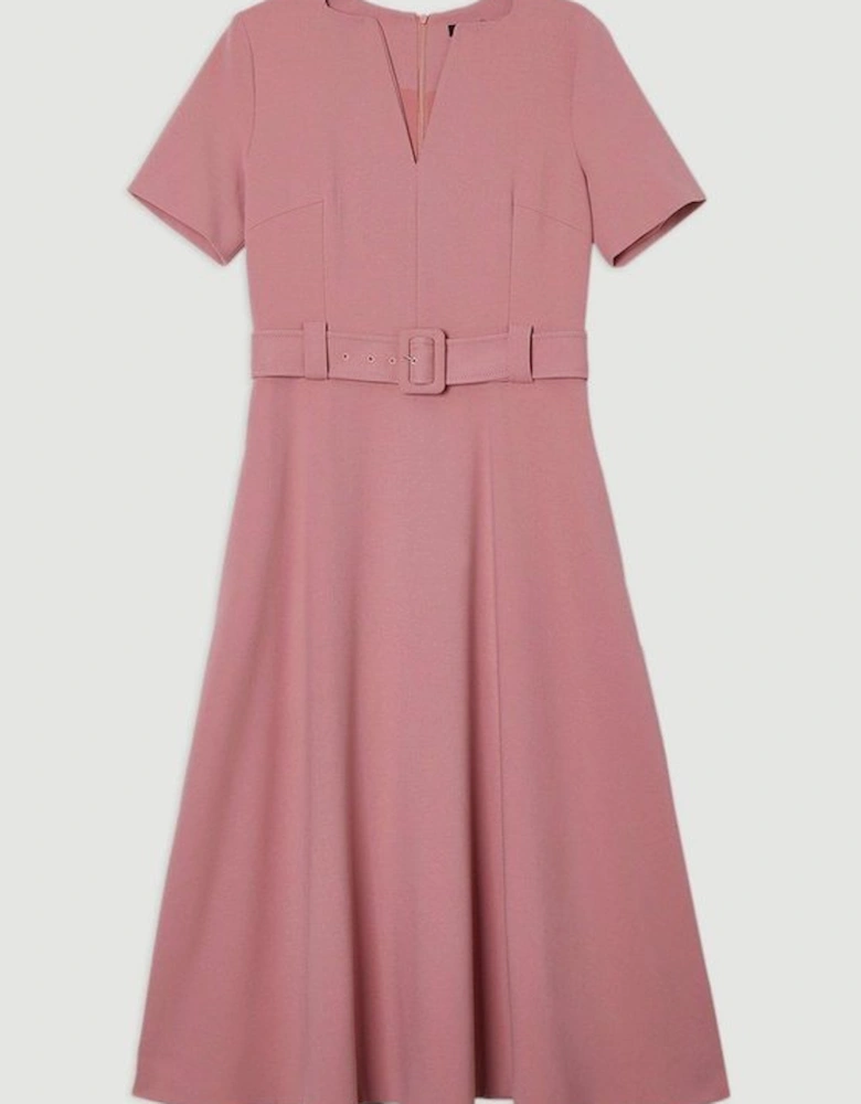 Compact Stretch Belted Full Skirted Midi Dress