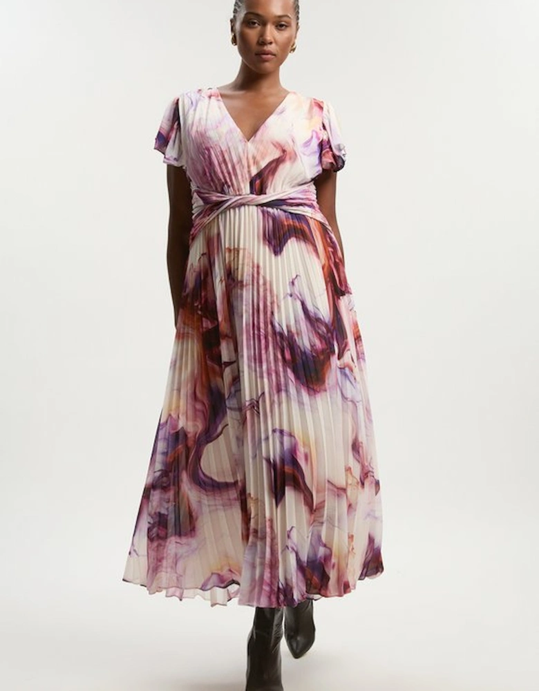 Plus Size Marble Soft Pleated V Neck Woven Maxi Dress