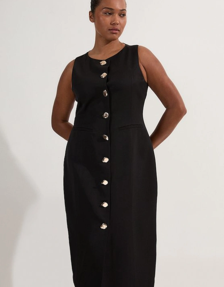 Plus Size Viscose Linen Tailored Statement Button Front Pencil Midi Dress