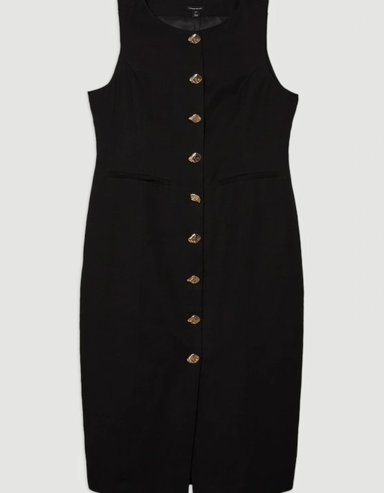 Plus Size Viscose Linen Tailored Statement Button Front Pencil Midi Dress