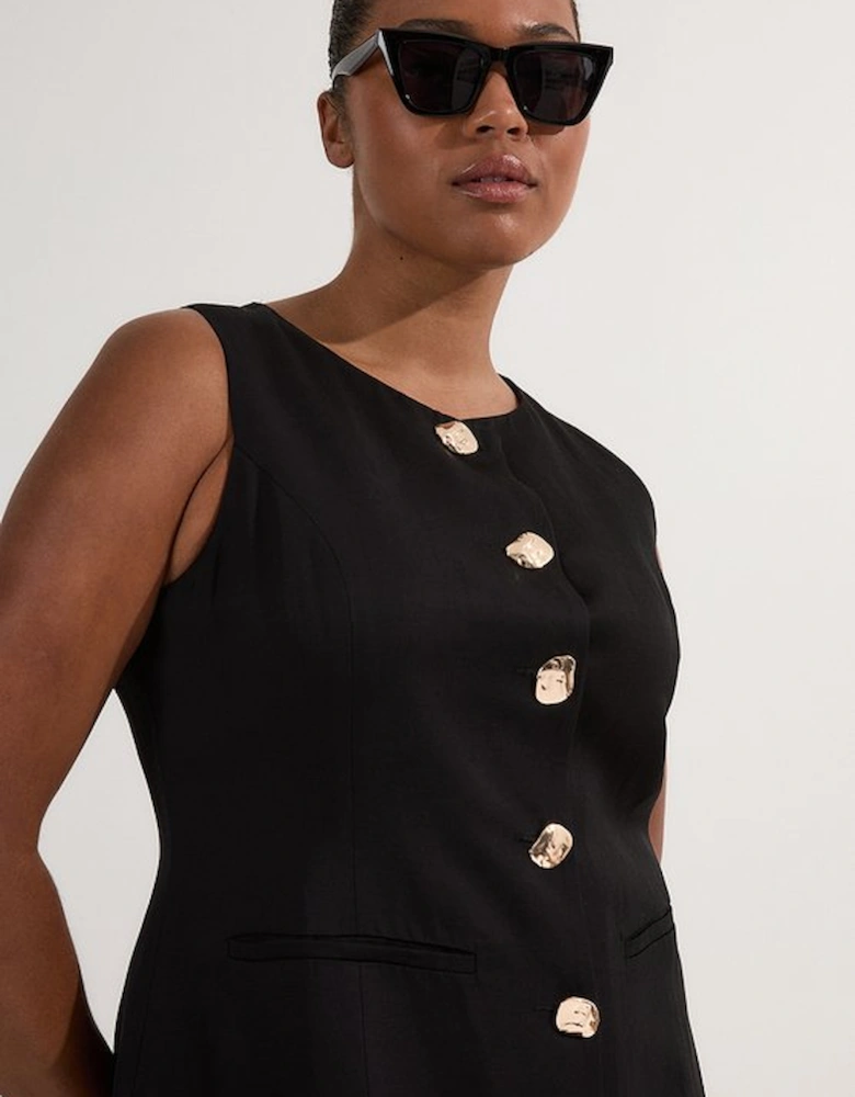 Plus Size Viscose Linen Tailored Statement Button Front Pencil Midi Dress