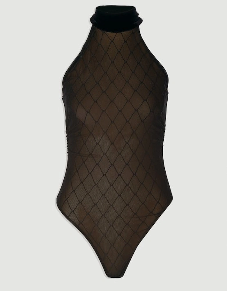 Mesh With Velvet Bow Neck Detail Halter Neck Bodysuit