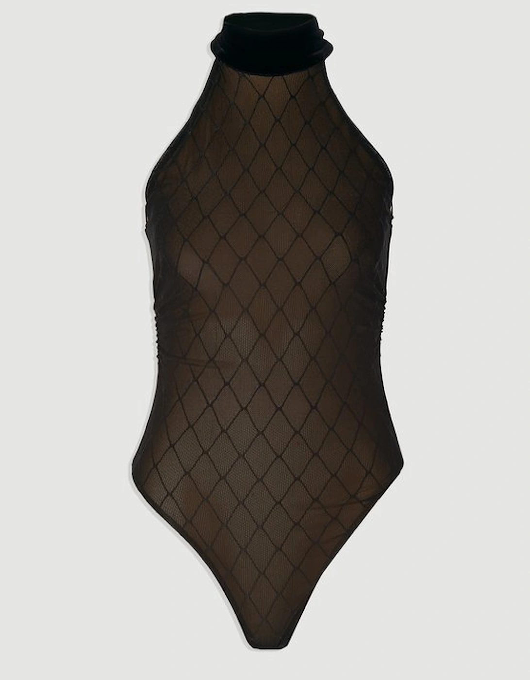 Mesh With Velvet Bow Neck Detail Halter Neck Bodysuit