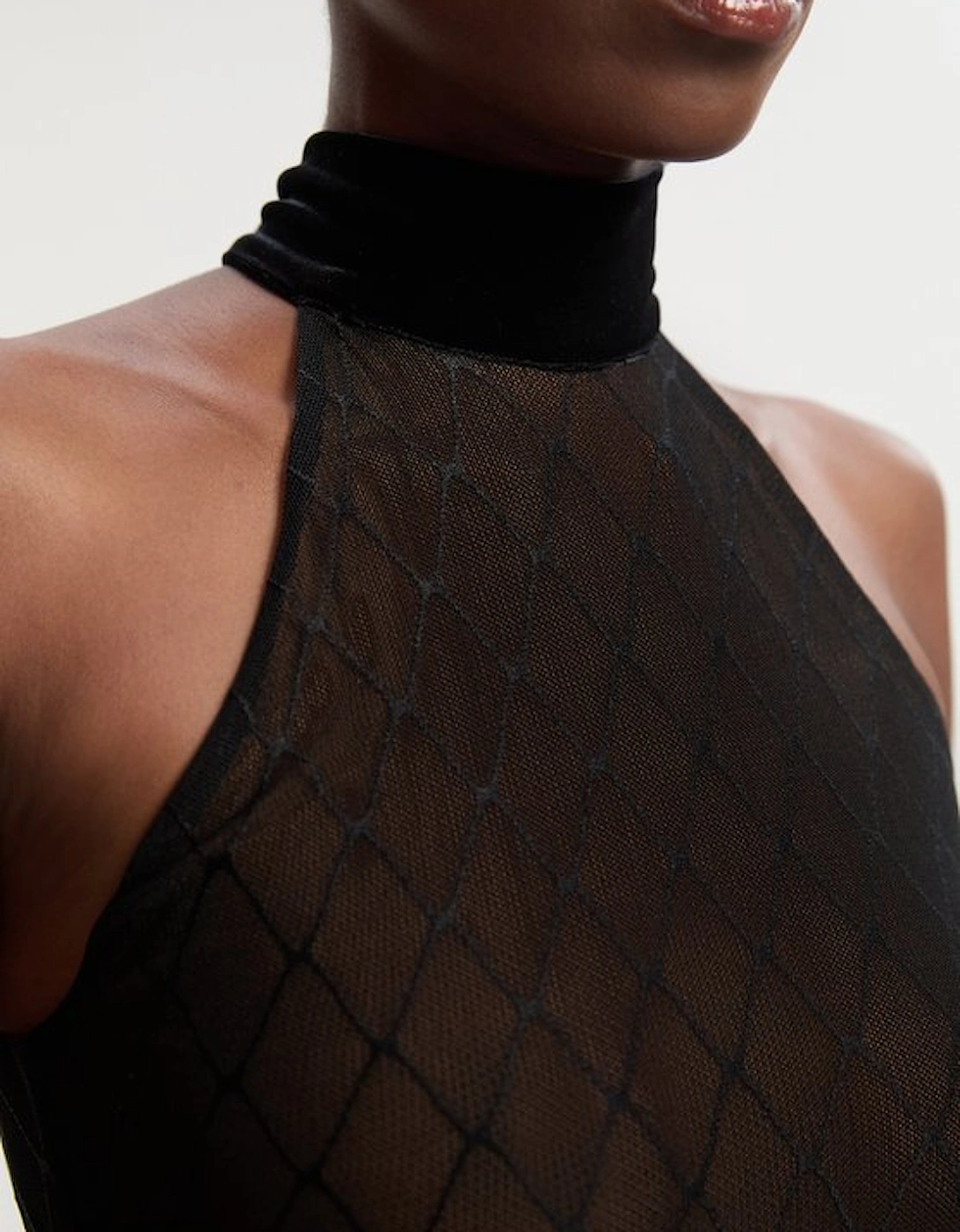 Mesh With Velvet Bow Neck Detail Halter Neck Bodysuit
