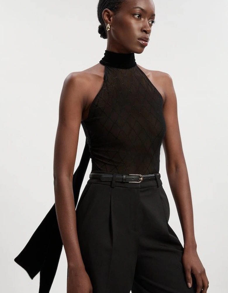 Mesh With Velvet Bow Neck Detail Halter Neck Bodysuit