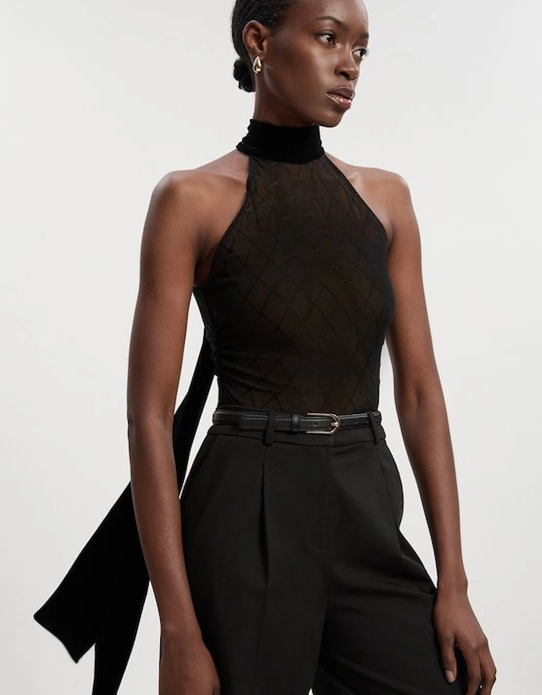 Mesh With Velvet Bow Neck Detail Halter Neck Bodysuit, 5 of 4