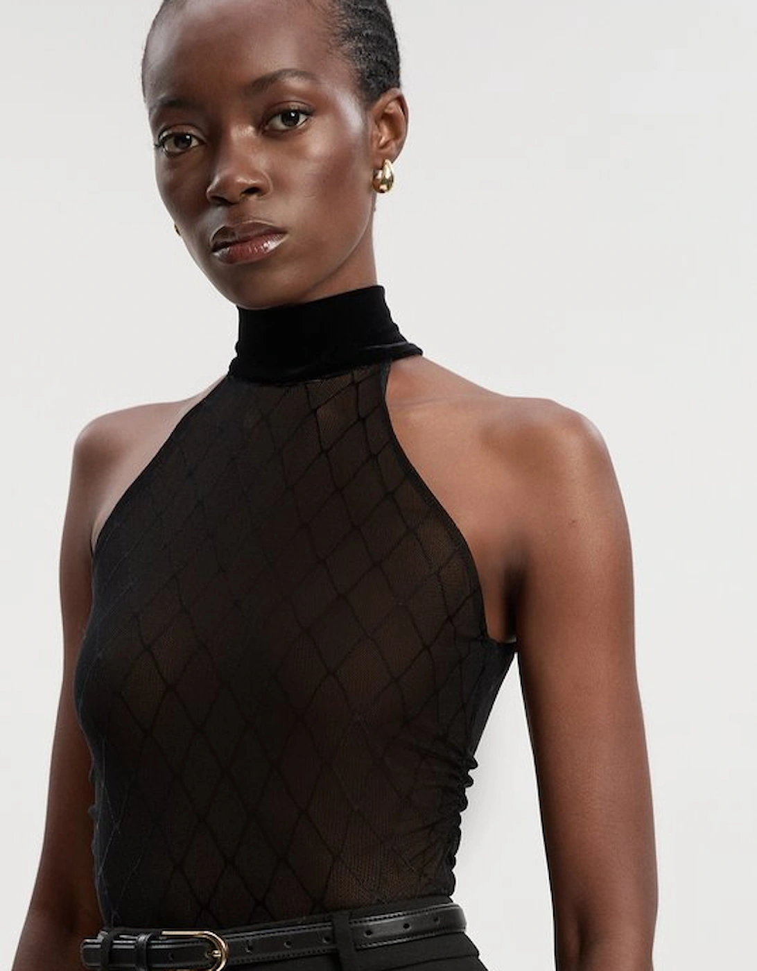 Mesh With Velvet Bow Neck Detail Halter Neck Bodysuit