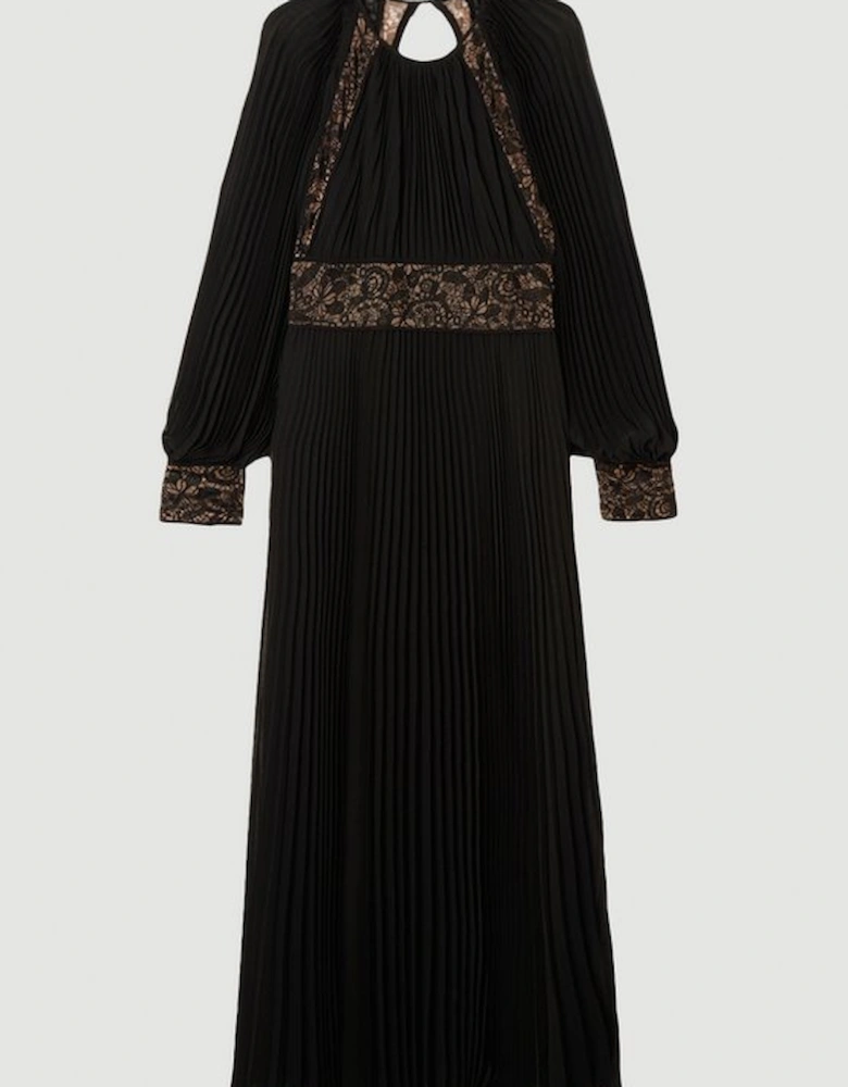 Viscose Georgette Pleated Woven Maxi Dress With Sheer Lace Panel Detail