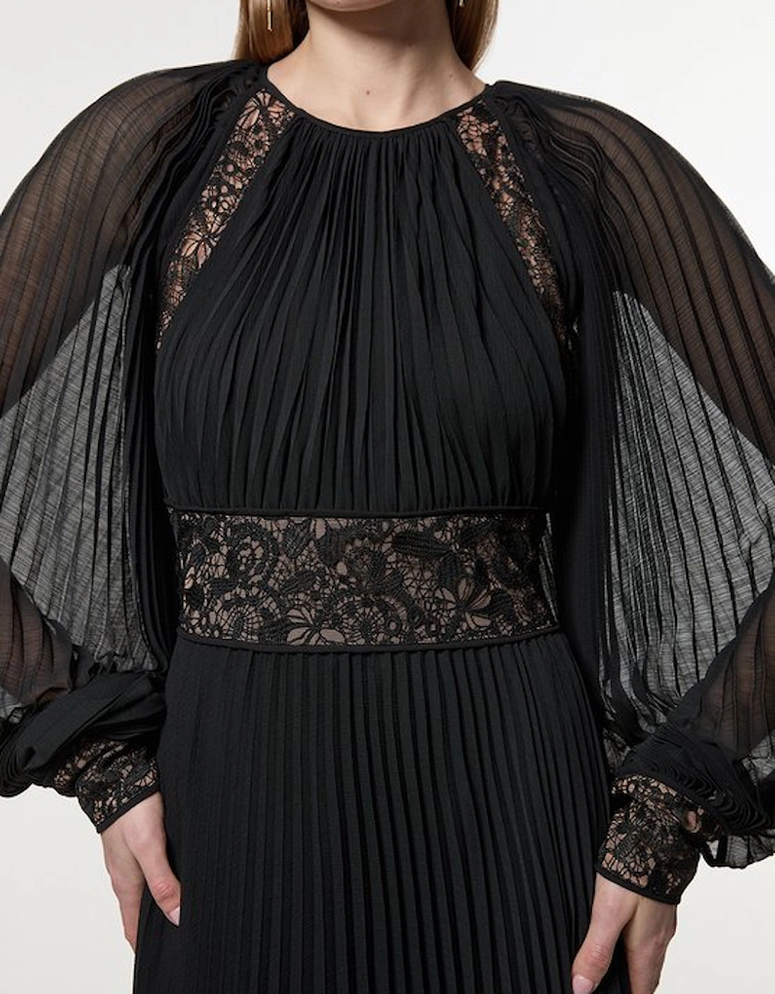 Petite Viscose Georgette Pleated Woven Maxi Dress With Sheer Lace Panel Detail