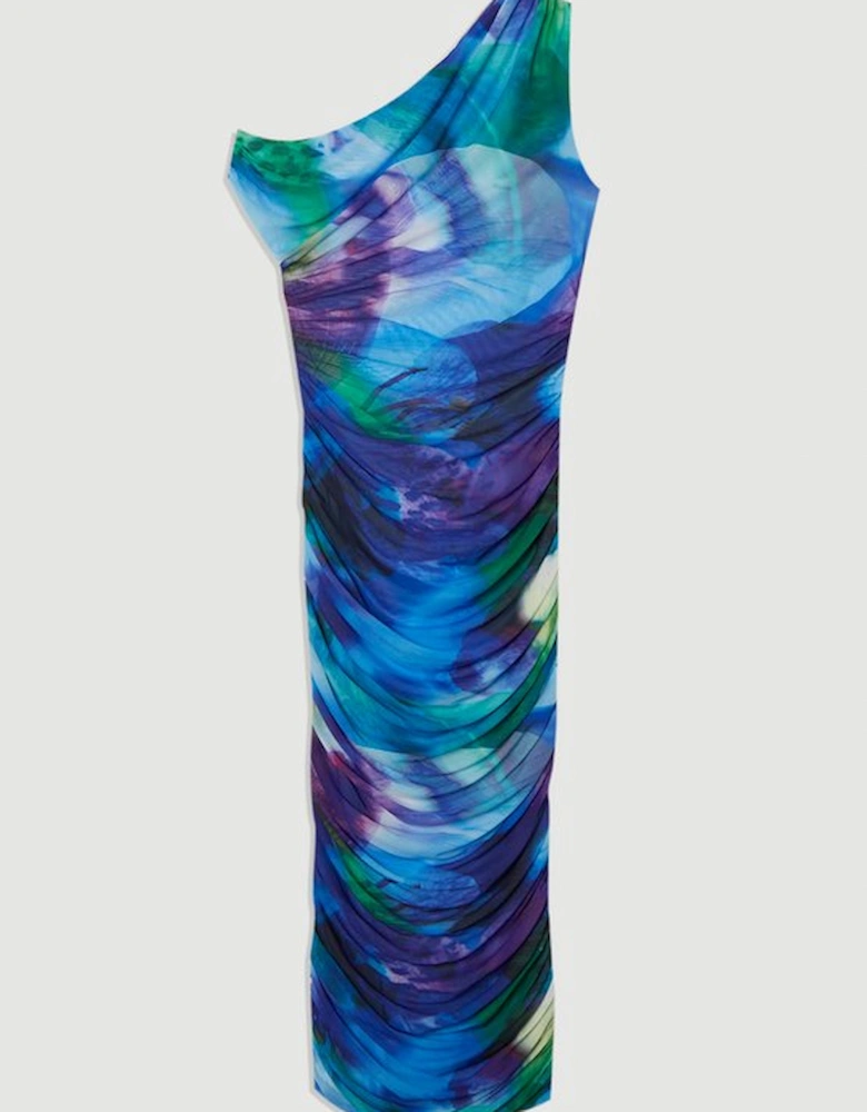 Printed Mesh Jersey One Shoulder Midi Dress