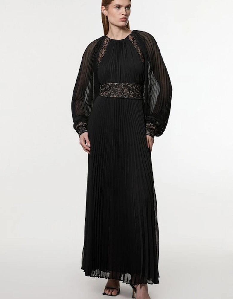 Petite Viscose Georgette Pleated Woven Maxi Dress With Sheer Lace Panel Detail