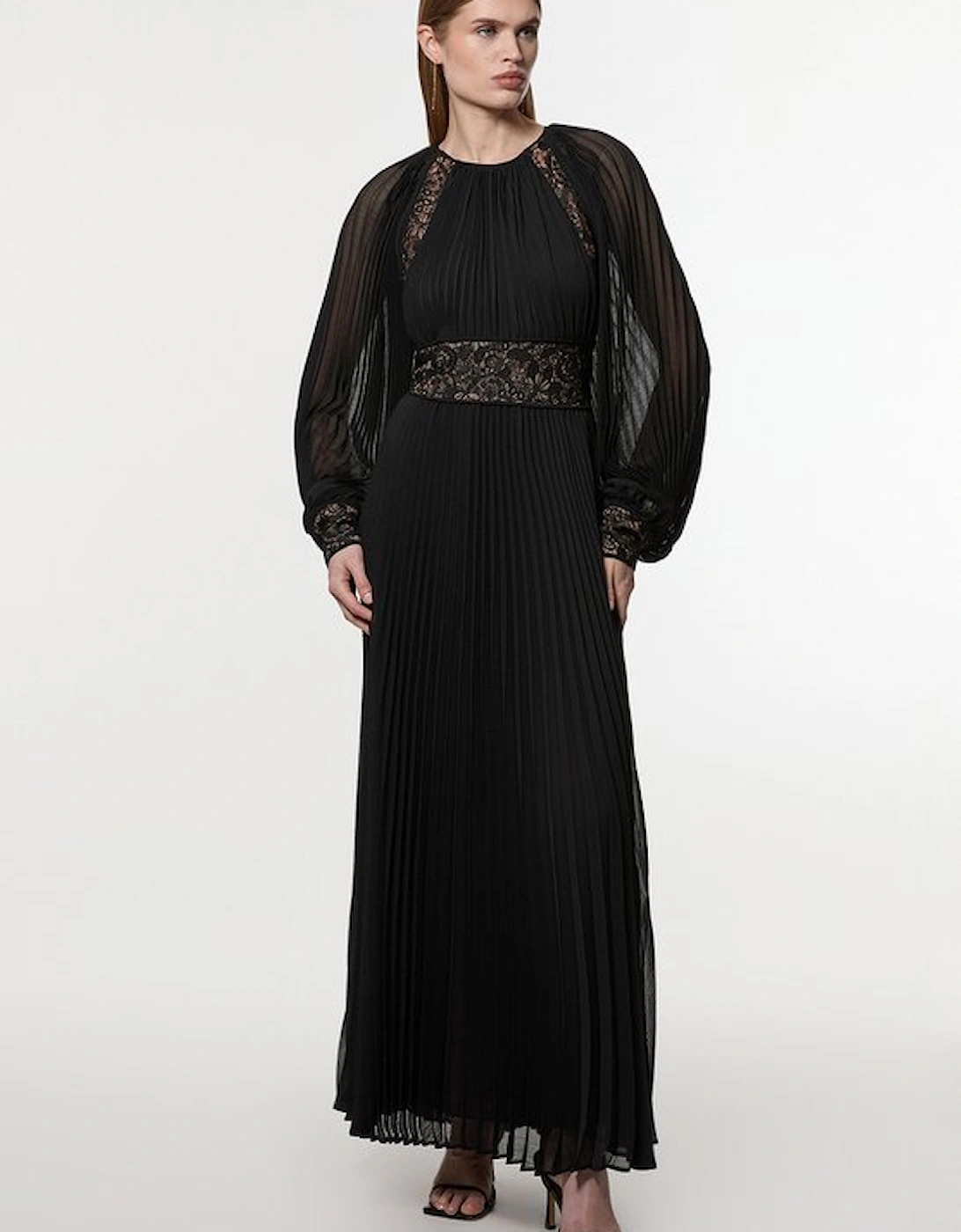 Petite Viscose Georgette Pleated Woven Maxi Dress With Sheer Lace Panel Detail, 4 of 3