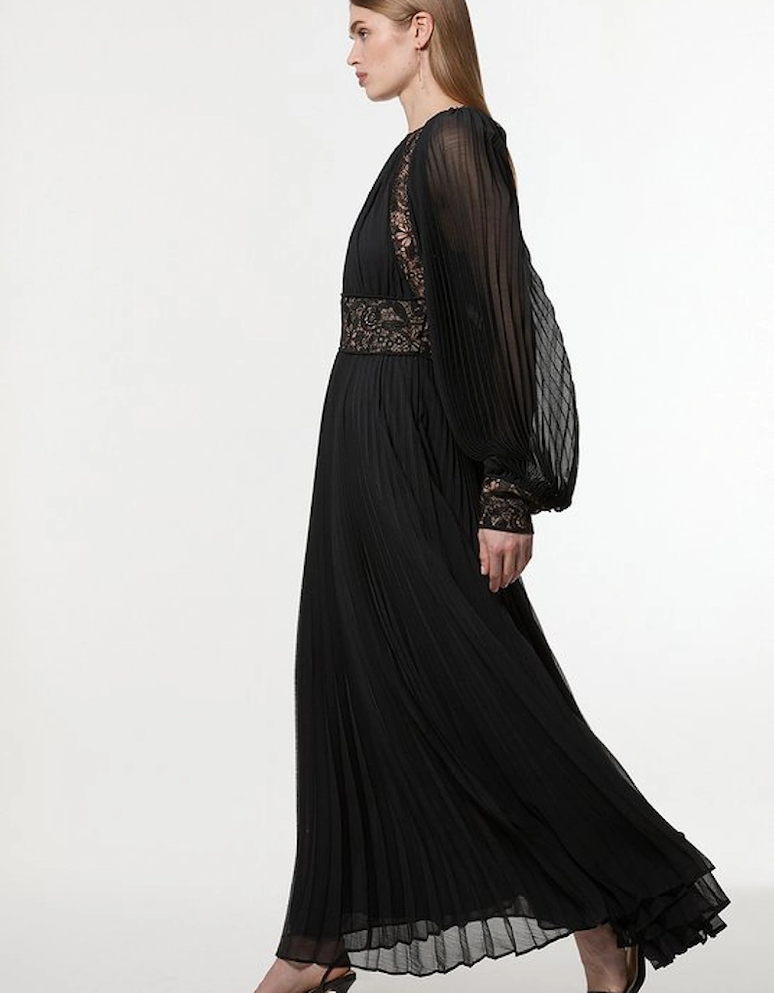 Petite Viscose Georgette Pleated Woven Maxi Dress With Sheer Lace Panel Detail
