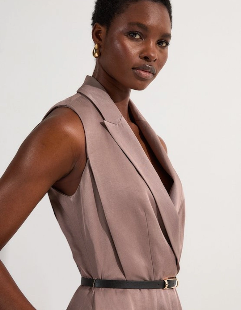 Premium Viscose Linen Tailored Full Skirt Midi Dress
