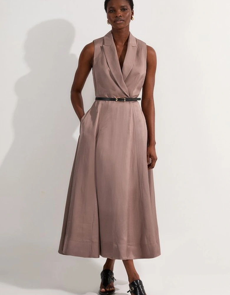Premium Viscose Linen Tailored Full Skirt Midi Dress