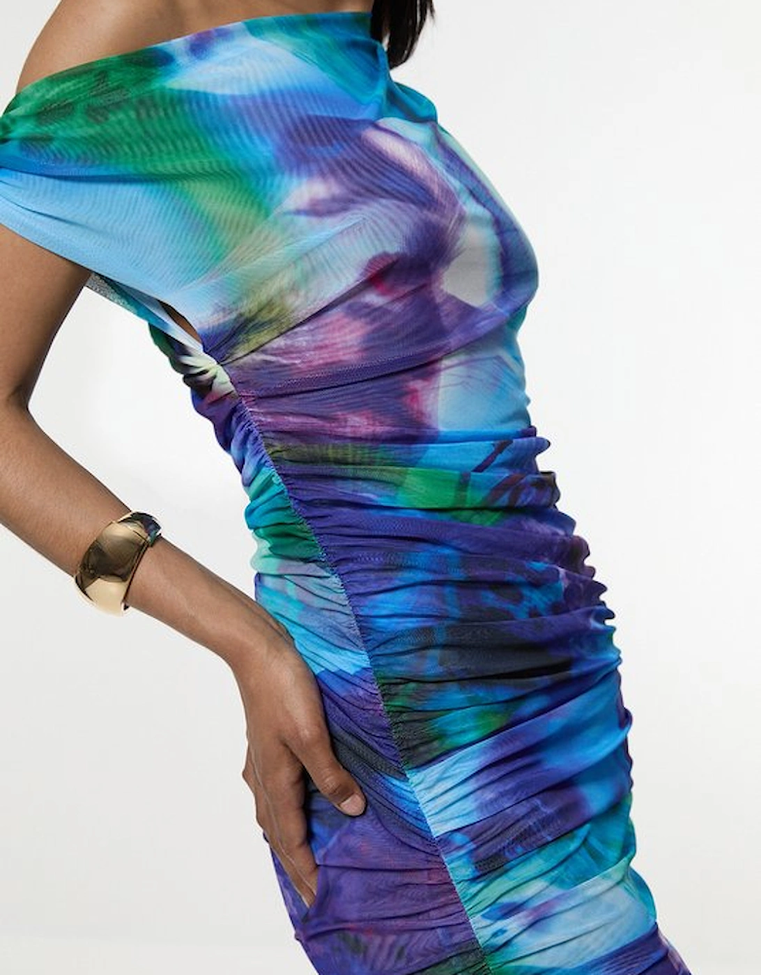Printed Mesh Jersey One Shoulder Midi Dress