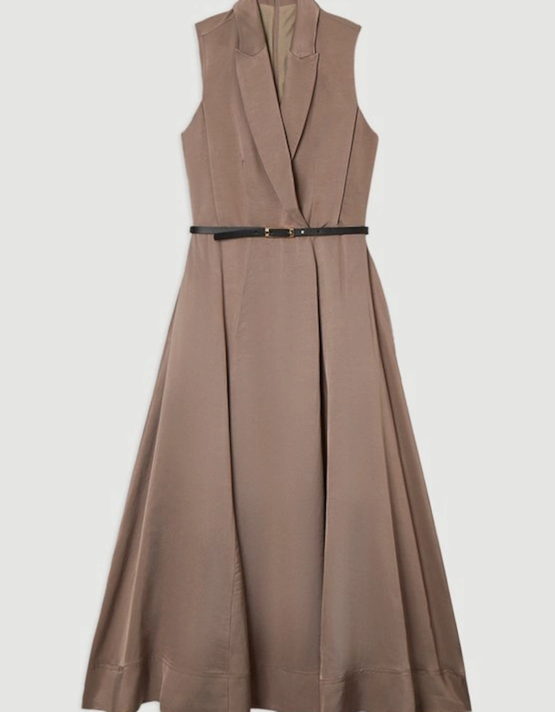 Premium Viscose Linen Tailored Full Skirt Midi Dress