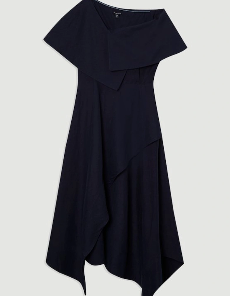 Premium Tailored Linen Asymmetric Shoulder Full Midi Dress