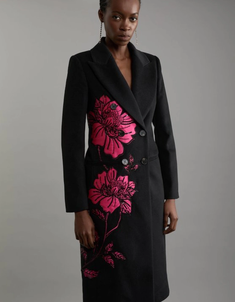 Wool Blend Satin Applique Embellished Double Breasted Tailored Midi Coat