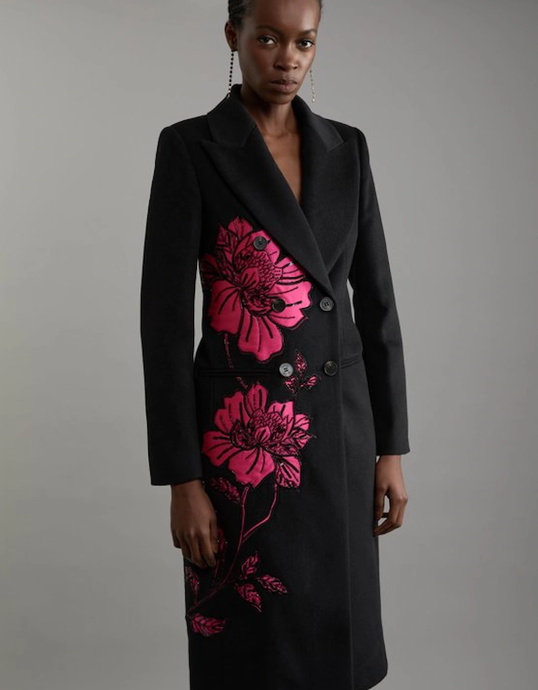 Wool Blend Satin Applique Embellished Double Breasted Tailored Midi Coat, 5 of 4