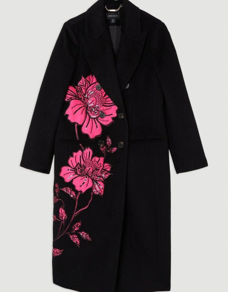 Wool Blend Satin Applique Embellished Double Breasted Tailored Midi Coat