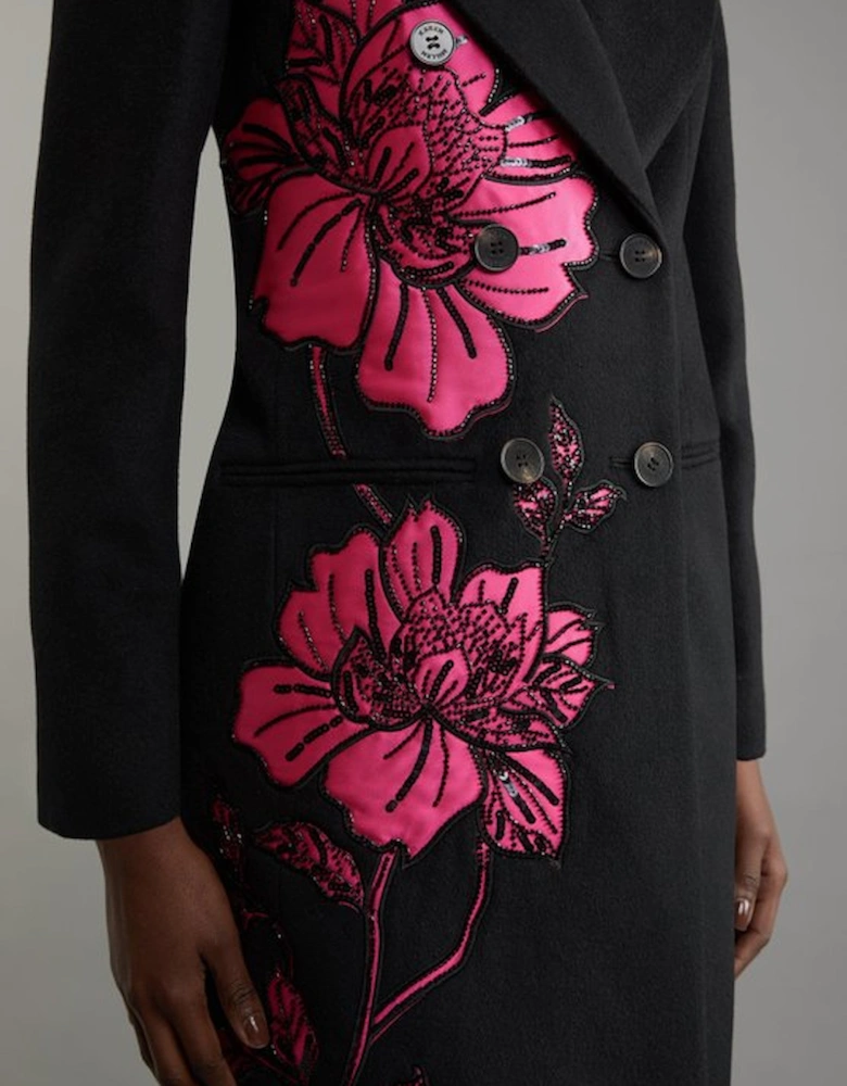 Wool Blend Satin Applique Embellished Double Breasted Tailored Midi Coat