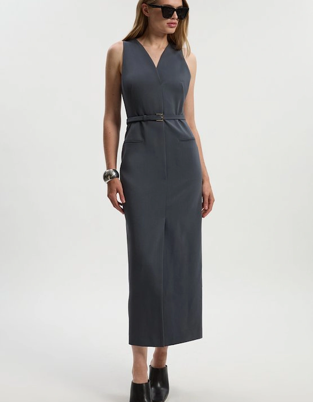 Tailored Twill Essential Sleeveless Belted Pencil Maxi Dress, 5 of 4